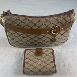 Etienne Aigner Tan and Brown Patterned Shoulder Bag and Wallet